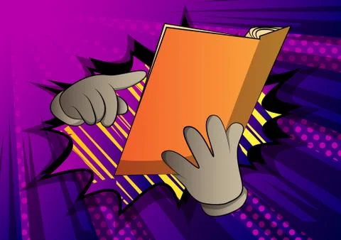 Vector cartoon hand holding and pointing at an opened book. Illustrated hand  Stock Illustration