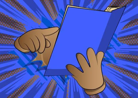 Vector cartoon hand holding and pointing at an opened book. Illustrated hand  Stock Illustration