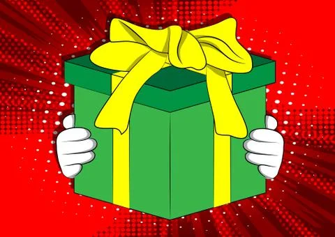 Vector cartoon hand holding big gift box. Illustrated holiday sign on comic b 库存插图