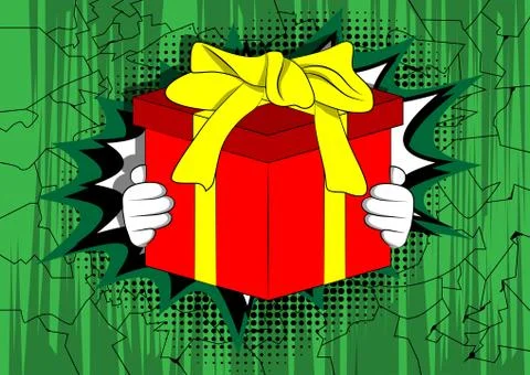 Vector cartoon hand holding big gift box. Illustrated holiday sign on comic b 库存插图