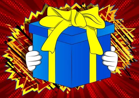 Vector cartoon hand holding big gift box. Illustrated holiday sign on comic b 库存插图