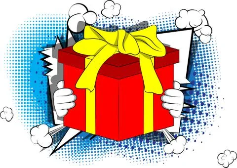 Vector cartoon hand holding big gift box. Illustrated holiday sign on comic b 库存插图