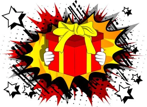 Vector cartoon hand holding big gift box. Illustrated holiday sign on comic b 库存插图