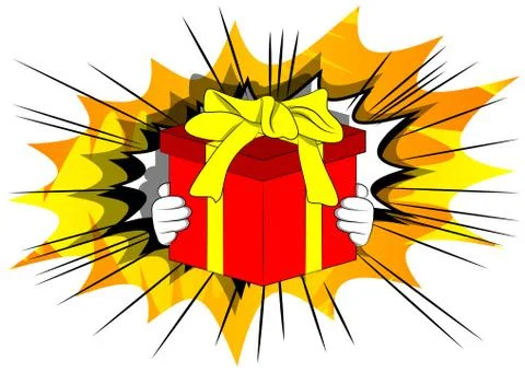 Vector cartoon hand holding big gift box. Illustrated holiday sign on comic b 库存插图