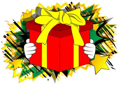 Vector cartoon hand holding big gift box. Illustrated holiday sign on comic b 库存插图