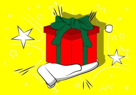 Vector cartoon hand holding big gift box. Illustrated holiday sign on comic b 库存插图