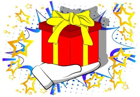 Vector cartoon hand holding big gift box. Illustrated holiday sign on comic b 库存插图