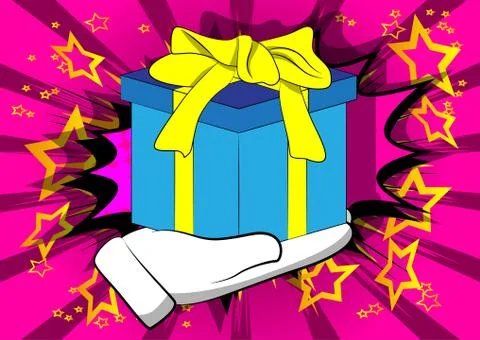 Vector cartoon hand holding big gift box. Illustrated holiday sign on comic b 库存插图