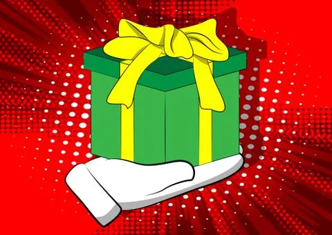 Vector cartoon hand holding big gift box. Illustrated holiday sign on comic b 库存插图