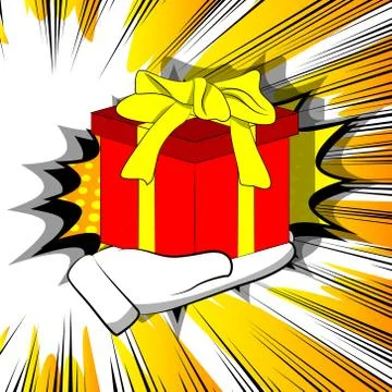 Vector cartoon hand holding big gift box. Illustrated holiday sign on comic b 库存插图