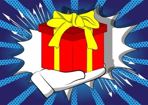 Vector cartoon hand holding big gift box. Illustrated holiday sign on comic b 库存插图