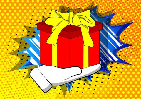 Vector cartoon hand holding big gift box. Illustrated holiday sign on comic b 库存插图