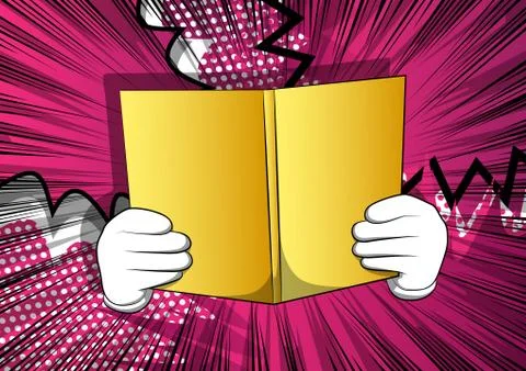 Vector cartoon hand holding a book. Illustrated hand with opened book on comi Stock Illustration