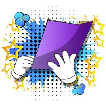 Vector cartoon hand holding a book. Illustrated hand on comic book background イラスト素材