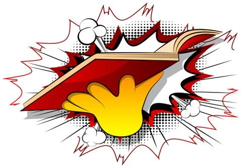 Vector cartoon hand holding a book. Illustrated hand on comic book background Illustrazione stock