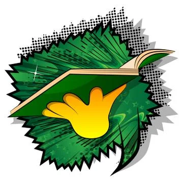 Vector cartoon hand holding a book. Illustrated hand on comic book background Illustrazione stock