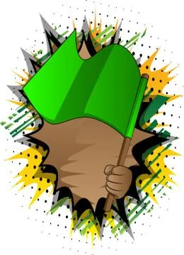 Vector cartoon hand holding a flag. Illustrated hand on comic book background 스톡 일러스트