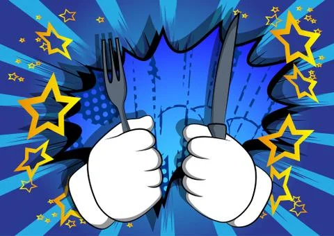 Vector cartoon hand holding up a knife and fork. Illustrated hand gesture on  Stock Illustration