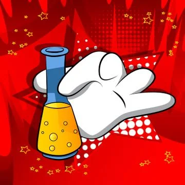 Vector cartoon hand holding a test tube. Illustrated hand on comic book backg Illustrazione stock
