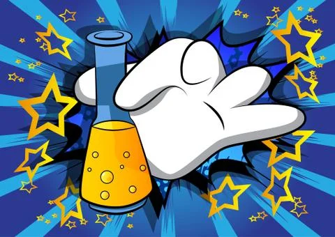 Vector cartoon hand holding a test tube. Illustrated hand on comic book backg Illustrazione stock