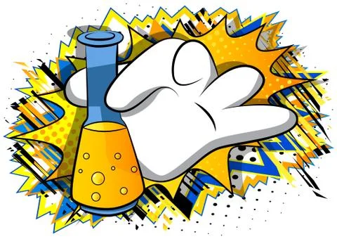 Vector cartoon hand holding a test tube. Illustrated hand on comic book backg Illustrazione stock