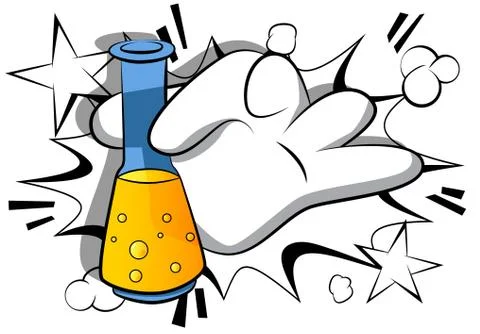 Vector cartoon hand holding a test tube. Illustrated hand on comic book backg Illustrazione stock