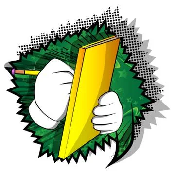 Vector cartoon hand writing with pencil on a books cover. Illustrated sign on Stock Illustration