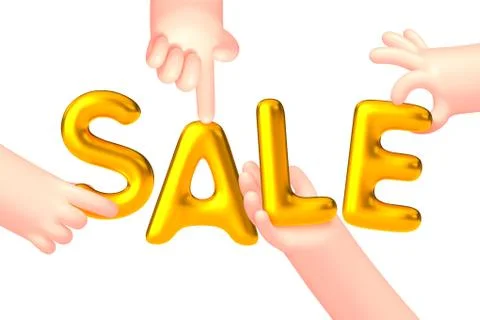 Vector cartoon hands hold gold ballons sale word Stock Illustration