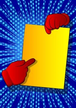 Vector cartoon hands holding paper and pointing at it. Illustrated comic book Stock Illustration