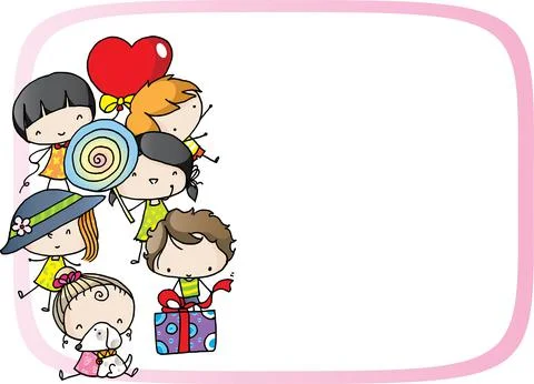 Vector cartoon happy children's with gift border frame Stock Illustration