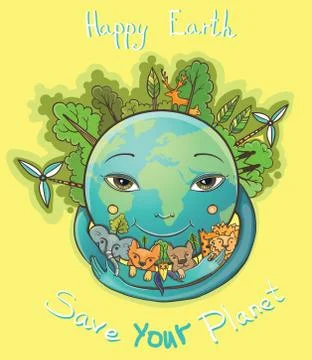Vector cartoon Happy Earth with trees and animals. Save your planet. Stock Illustration