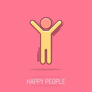 Vector cartoon happy man with hands up icon in comic style. People happy si.. Stock Illustration