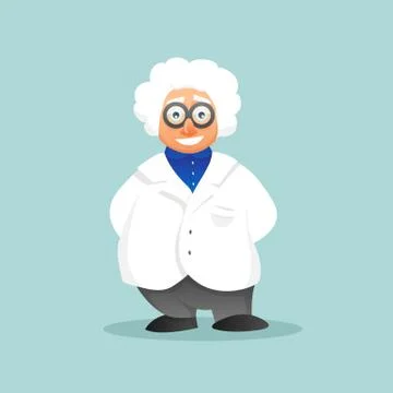 Vector cartoon happy man scientist professor in white scientific medical gown Stock Illustration
