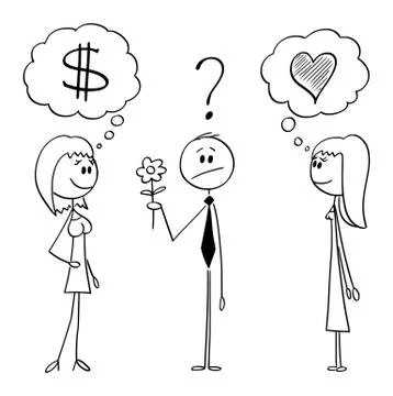 Vector Cartoon of Hesitant Man with Flower Deciding Between Two Women Illustrazione stock