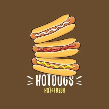 Vector cartoon hotdogs icon set isolated on brown background. Vintage hot dog Stock Illustration