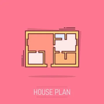 Vector cartoon house plan icon in comic style. Architect scheme sign illust.. Stock Illustration