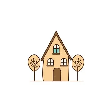 Vector cartoon house with two tree icon. Vector house with brown roof icon Stock Illustration