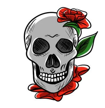 Vector cartoon human skull with beautiful flower Stock Illustration