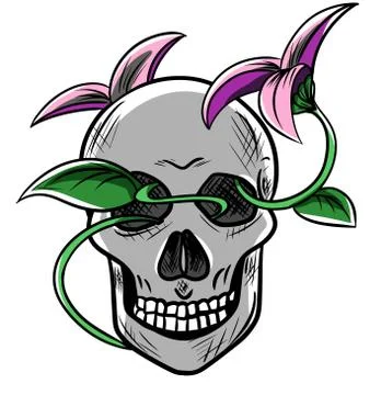 Vector cartoon human skull with beautiful flower Stock Illustration
