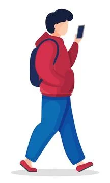 Vector cartoon icon of young man wearing hoodie and jeans walking with backpack Stockillustratie