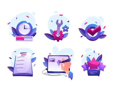 Vector cartoon icons of designer work process Stock Illustration