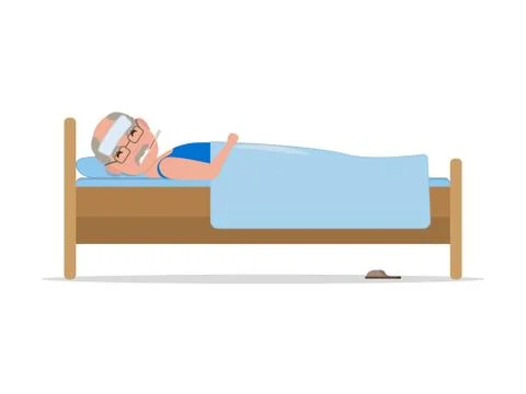 Vector cartoon ill old man in bed with influenza Stock Illustration