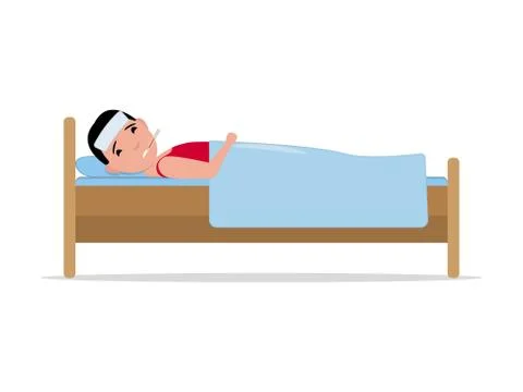 Vector cartoon ill sick man lying in bed with flu Illustrazione stock
