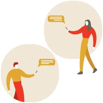 Vector cartoon illustation of Man and woman use mobile phones and gadgets to Stock Illustration