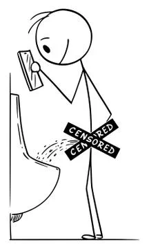 Vector Cartoon Illustration of Addicted Man Using Mobile Phone While Urinating Stock Illustration