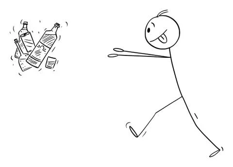 Vector Cartoon Illustration of Addicted Man Trying to Get Bottles of Alcohol Stock Illustration