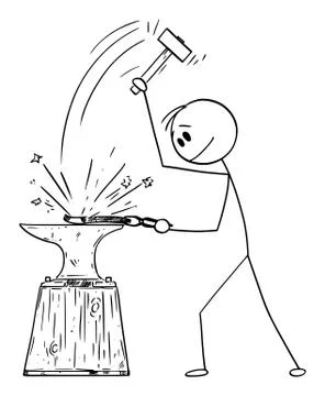 Vector Cartoon Illustration of Blacksmith or Smith Working at Forge, Hammering Stock Illustration