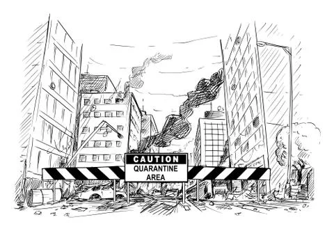 Vector Cartoon Illustration of Caution Quarantine Area Roadblock Blocking Illustrazione stock