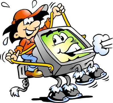 Vector Cartoon illustration of a Computer Neard Riding a Screen Stock Illustration