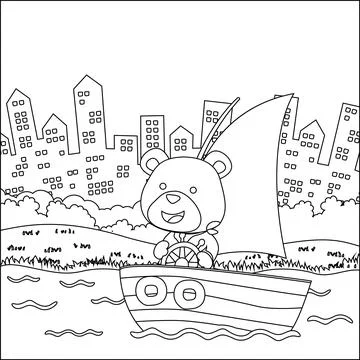 Vector cartoon illustration of cute bear on sailboat with cartoon style. Stock Illustration